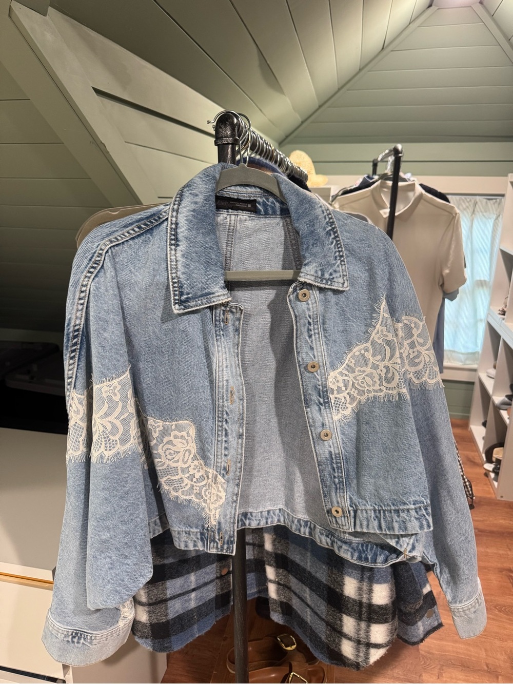 Zara Denim Lace-Accent Cropped Jacket - Light Blue